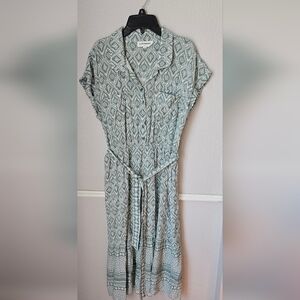 Women's Patterned Sage Green Midi Dress with Tie Waist